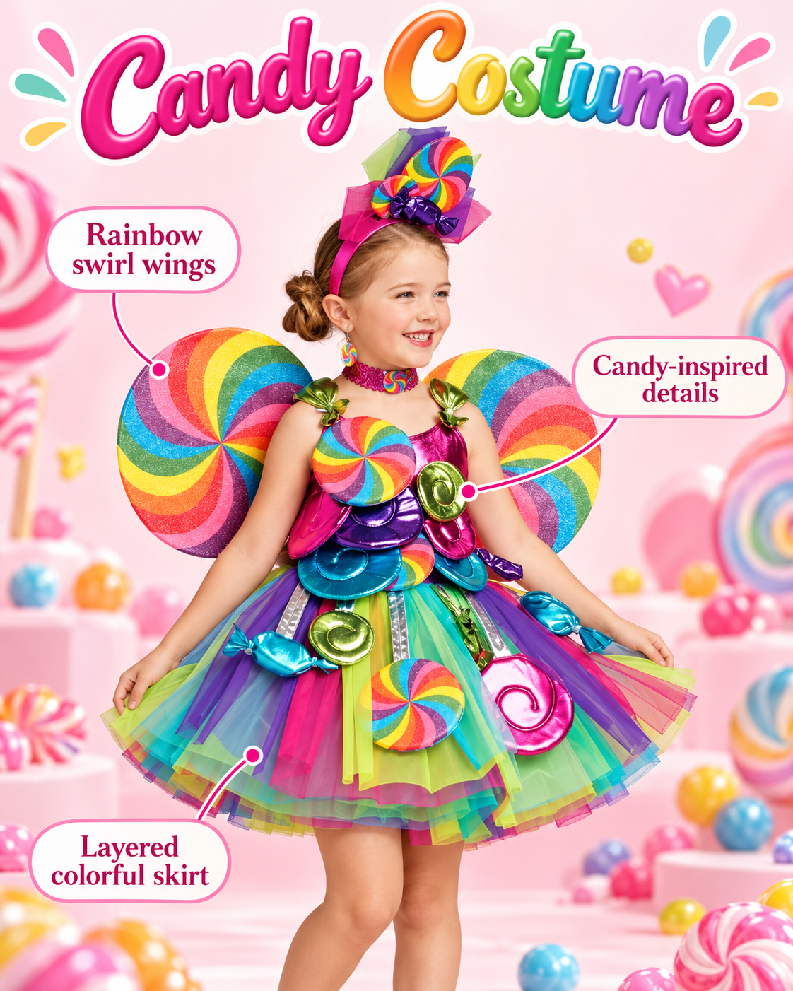 Girls 3D Candy Dress Costume Party Birthday Dress 5pcs