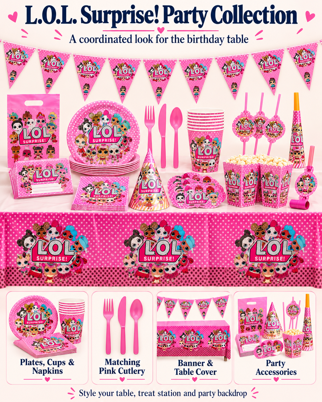 LOL Surprise Doll Tableware 136pc for Kids Birthday Party