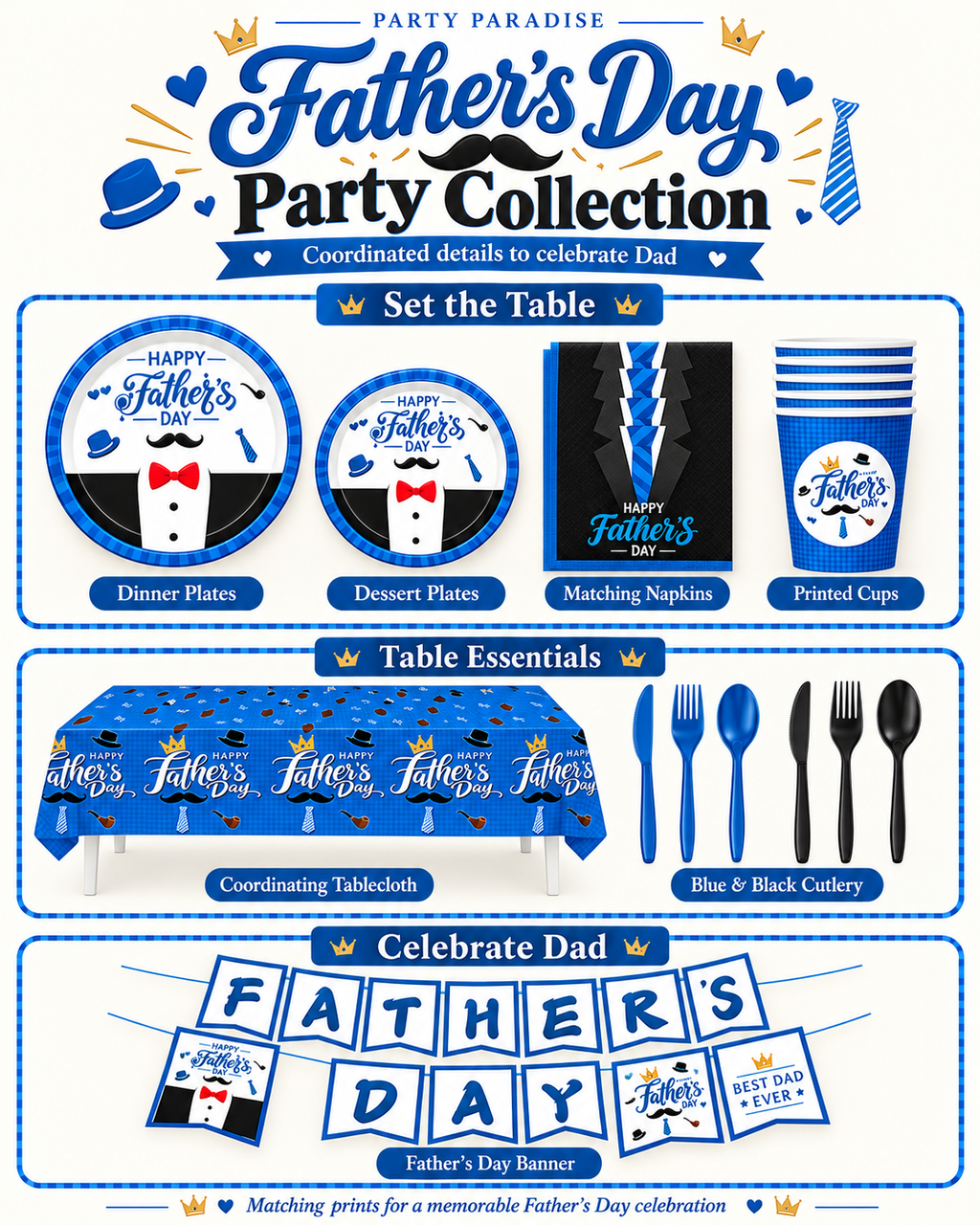 Father's Day Tableware Set 122 pieces Bundle Party Kits for 20 guests