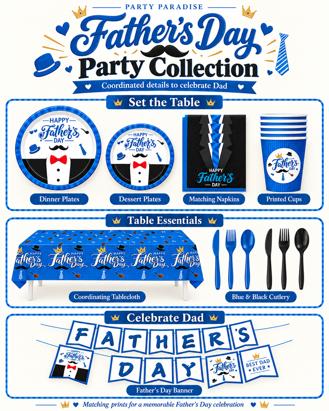 Father's Day Tableware Set 122 pieces Bundle Party Kits for 20 guests