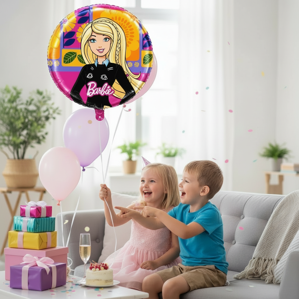 Party Paradise Store 18-inch round Barbie foil balloon held by two children at a birthday party celebration