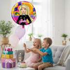 Party Paradise Store 18-inch round Barbie foil balloon held by two children at a birthday party celebration