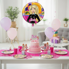 Party Paradise Store 18-inch round Barbie foil balloon featuring a vibrant doll design for birthday party decorations