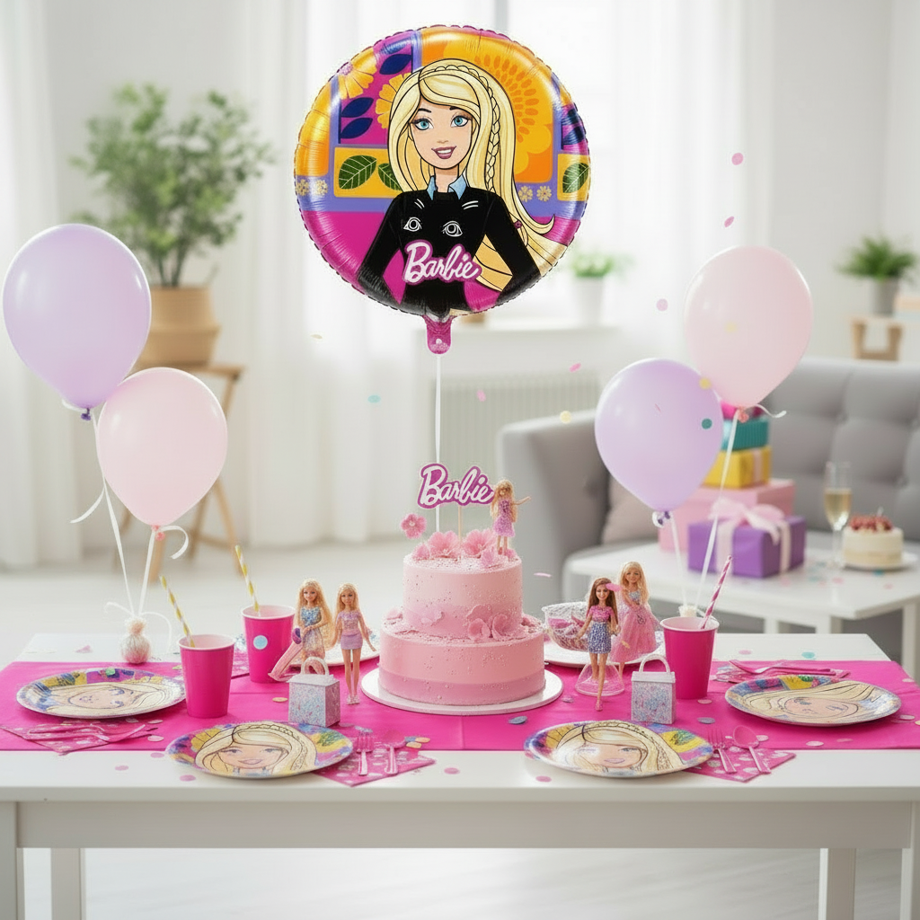 Party Paradise Store 18-inch round Barbie foil balloon featuring a vibrant doll design for birthday party decorations