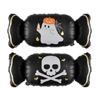 Party Paradise Store black candy-shaped Halloween balloons featuring a cute ghost and a skull design.