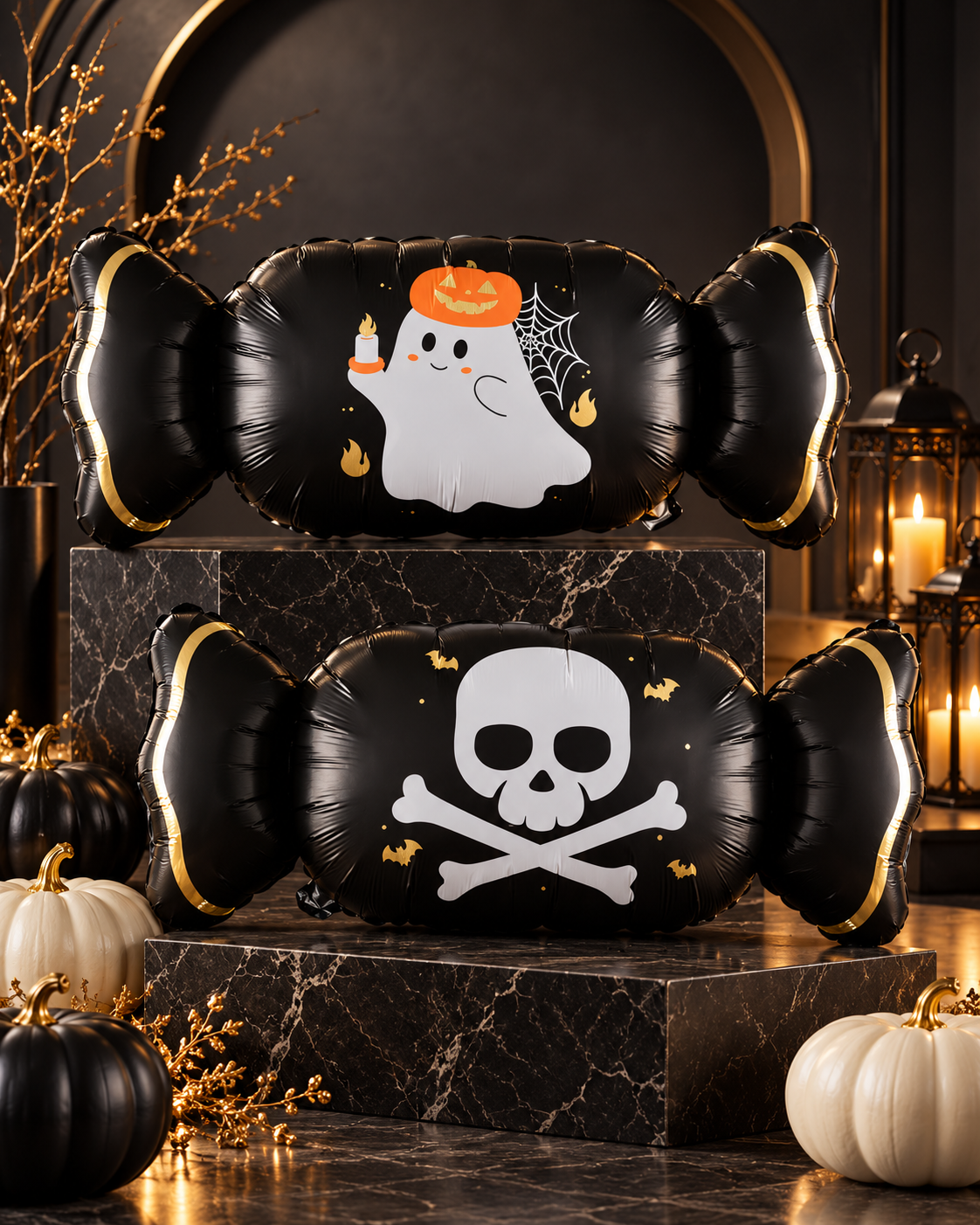 Party Paradise Store black candy-shaped Halloween balloons featuring ghost and skull designs on marble pedestals. Main image