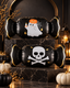 Party Paradise Store black candy-shaped Halloween balloons featuring ghost and skull designs on marble pedestals.