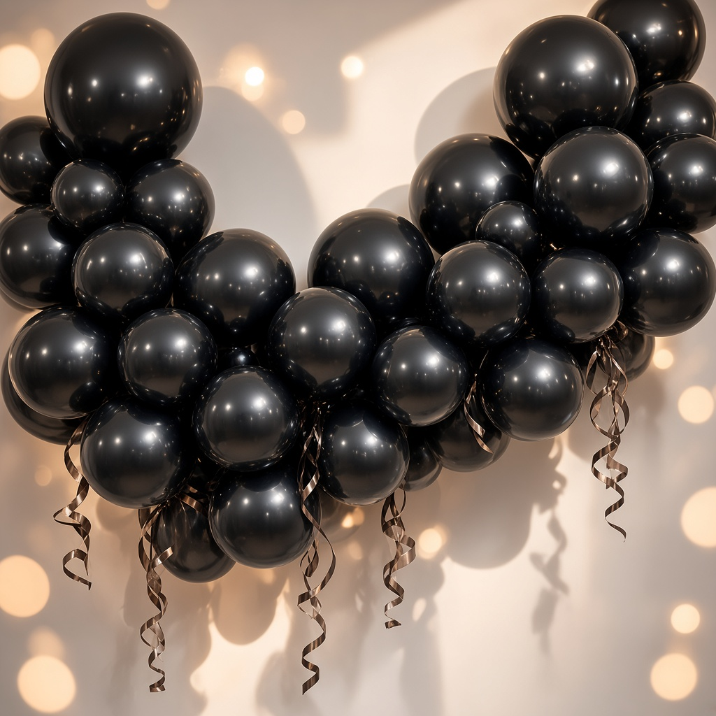 Party Paradise Store black metallic latex balloons arranged in a decorative arch with curled ribbons