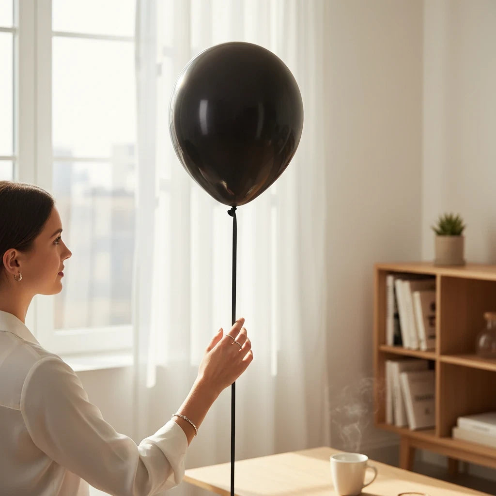Party Paradise Store black metallic latex balloon held by a woman in a bright, modern living room setting.
