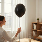 Party Paradise Store black metallic latex balloon held by a woman in a bright, modern living room setting.