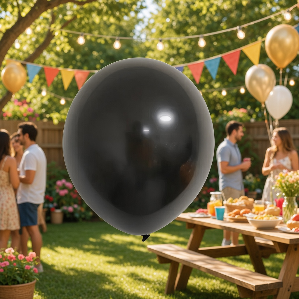 Party Paradise Store 12-inch metallic black latex balloon for party decorations in a festive outdoor garden setting