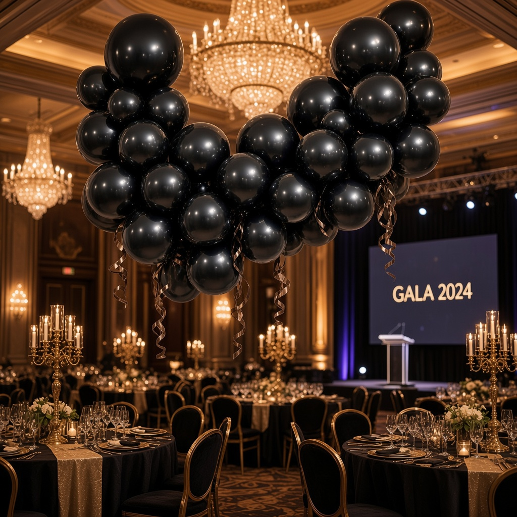 Party Paradise Store black metallic latex balloons arranged in a large arch for an elegant gala event decoration