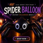 Party Paradise Store inflatable black spider balloon with cute white eyes for spooky Halloween party decorations.