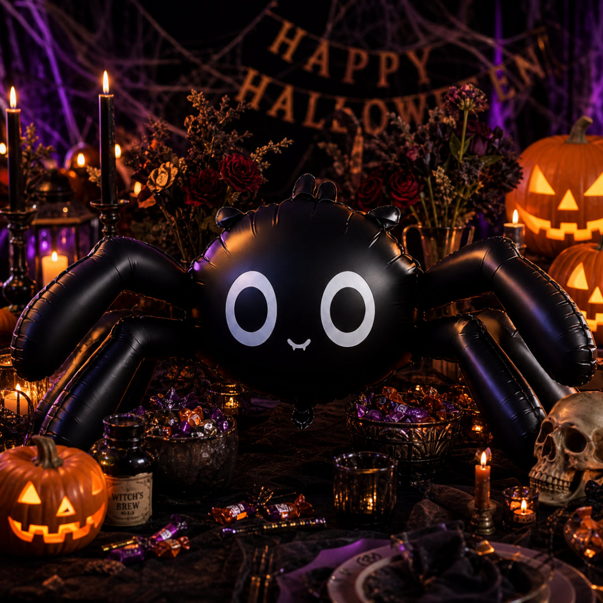 Party Paradise Store black spider Halloween balloon on a spooky table with pumpkins and candles