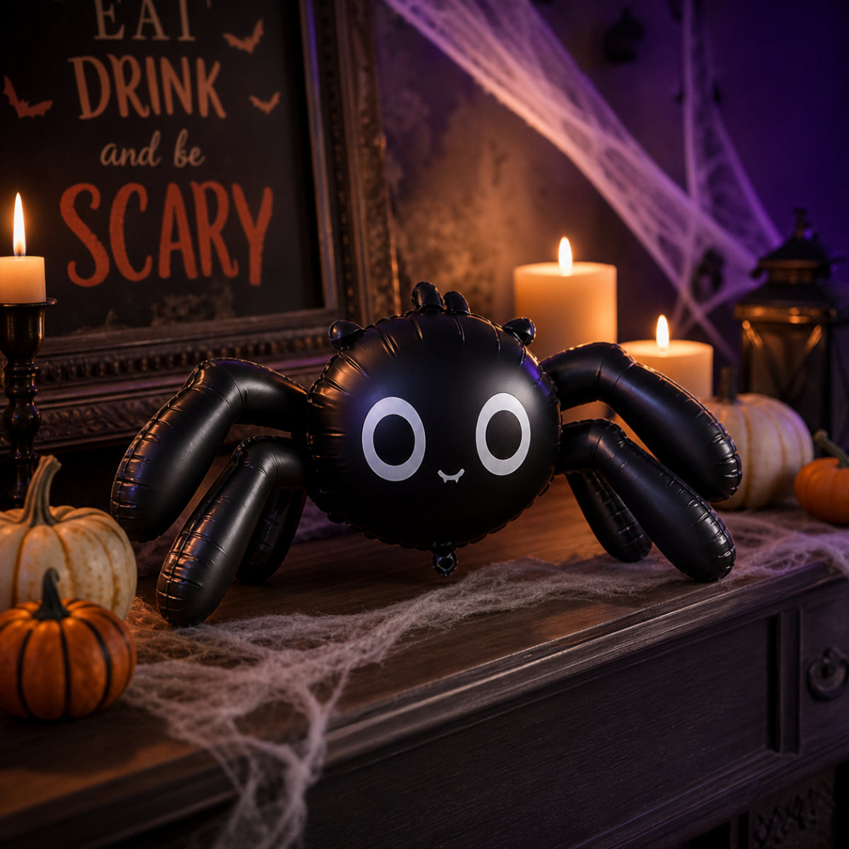 Party Paradise Store black spider balloon decoration on a mantelpiece with candles and pumpkins for Halloween
