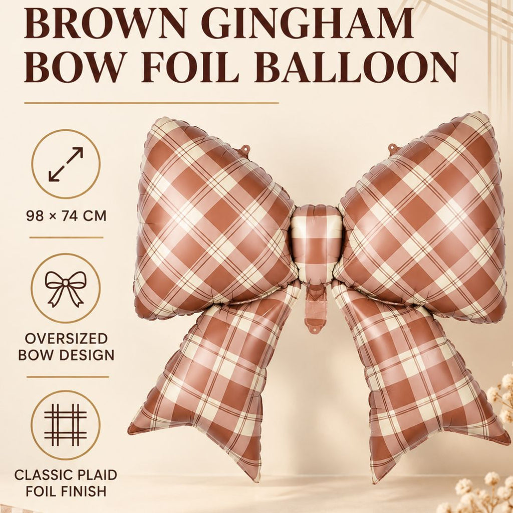 Party Paradise Store brown gingham plaid bow foil balloon for fall parties and Thanksgiving decorations