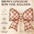 Party Paradise Store brown gingham plaid bow foil balloon for fall parties and Thanksgiving decorations