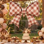 Party Paradise Store large brown gingham plaid bow foil balloon for fall birthdays and Thanksgiving party decor