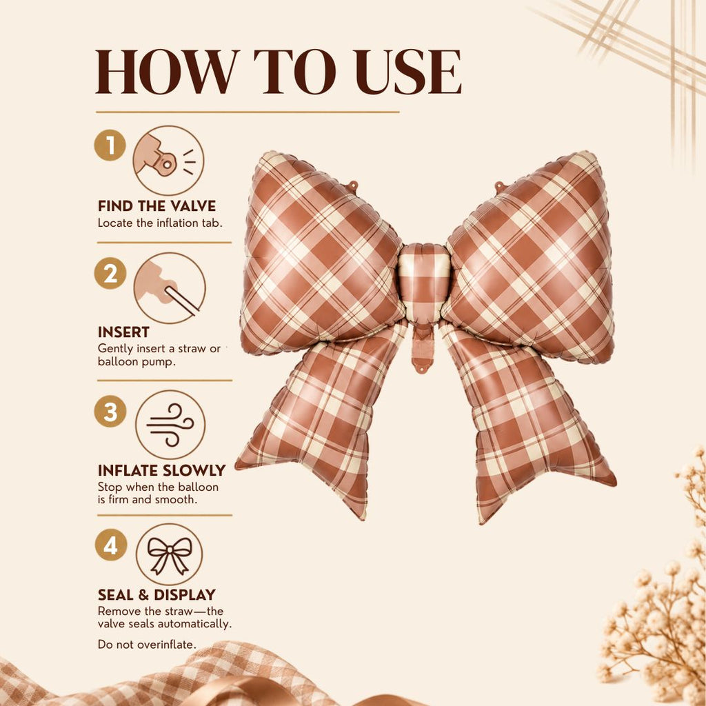 Party Paradise Store brown gingham plaid bow foil balloon with step-by-step inflation instructions for fall decor.