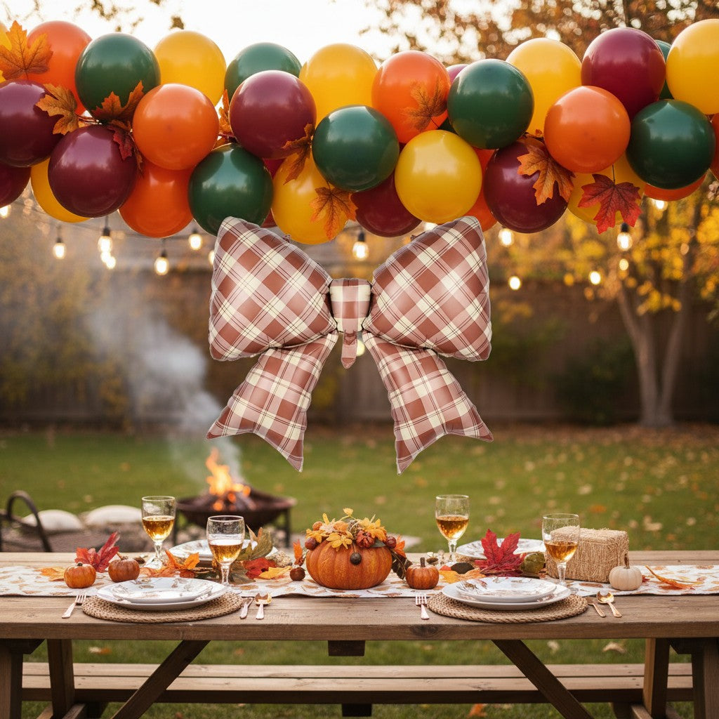 Party Paradise Store brown gingham plaid bow foil balloon hanging over an outdoor fall-themed dinner table setting.