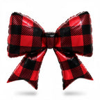 Party Paradise Store Christmas bow balloon featuring a red and black buffalo plaid gingham pattern for holiday decor.