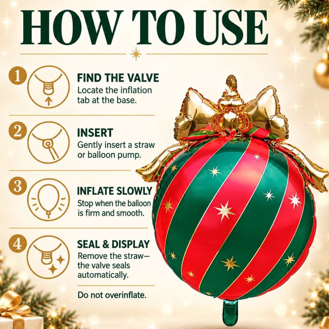Party Paradise Store Christmas ornament foil balloon with instructions on how to inflate and display for holidays