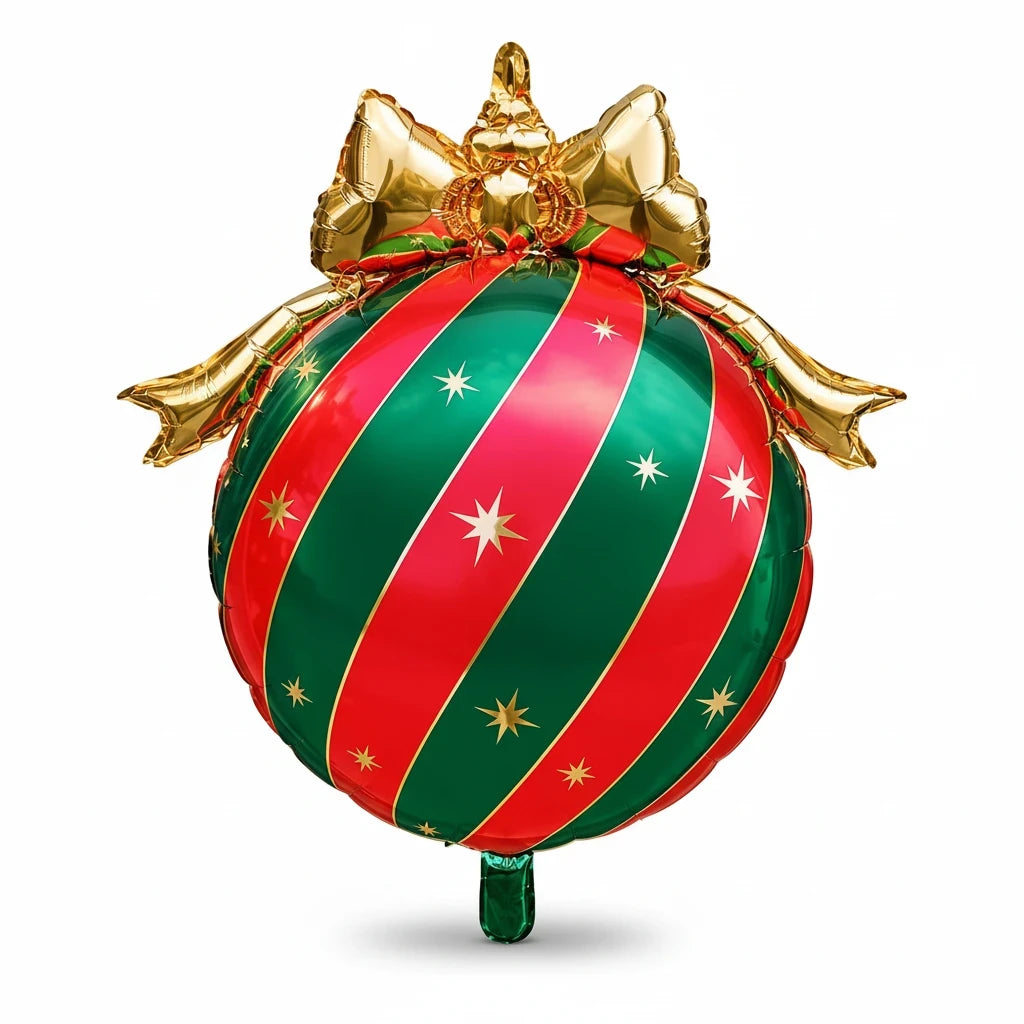 Party Paradise Store Christmas ornament foil balloon with red and green stripes and a shiny gold bow topper