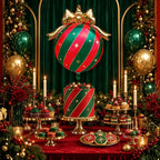Party Paradise Store Christmas ornament foil balloon in red and green stripes with a gold bow above a festive table