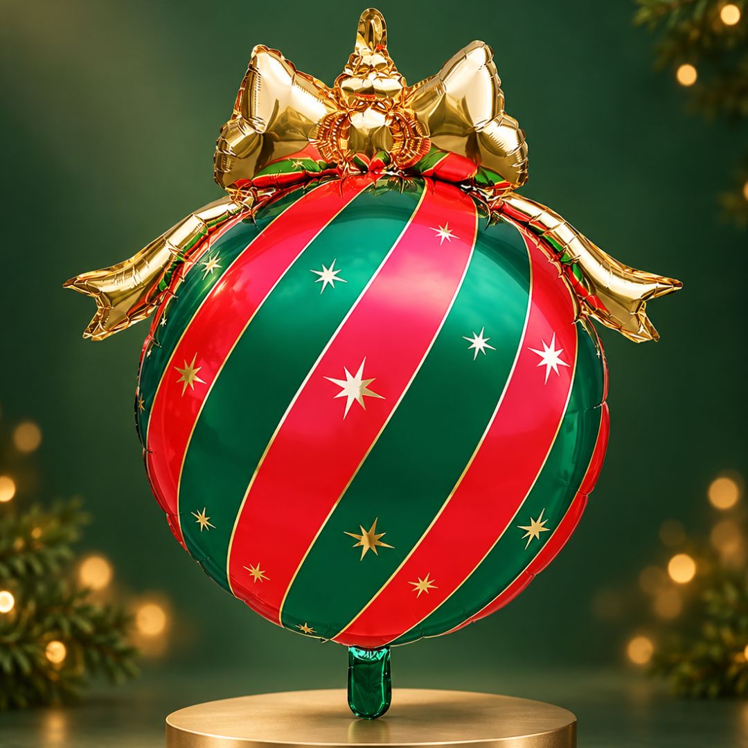 Party Paradise Store Christmas ornament foil balloon with red and green stripes, gold stars, and a metallic gold bow. Main image