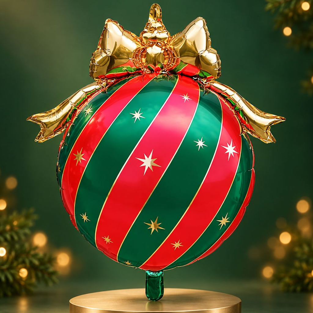 Party Paradise Store Christmas ornament foil balloon with red and green stripes, gold stars, and a metallic gold bow.