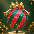 Party Paradise Store Christmas ornament foil balloon with red and green stripes, gold stars, and a metallic gold bow.