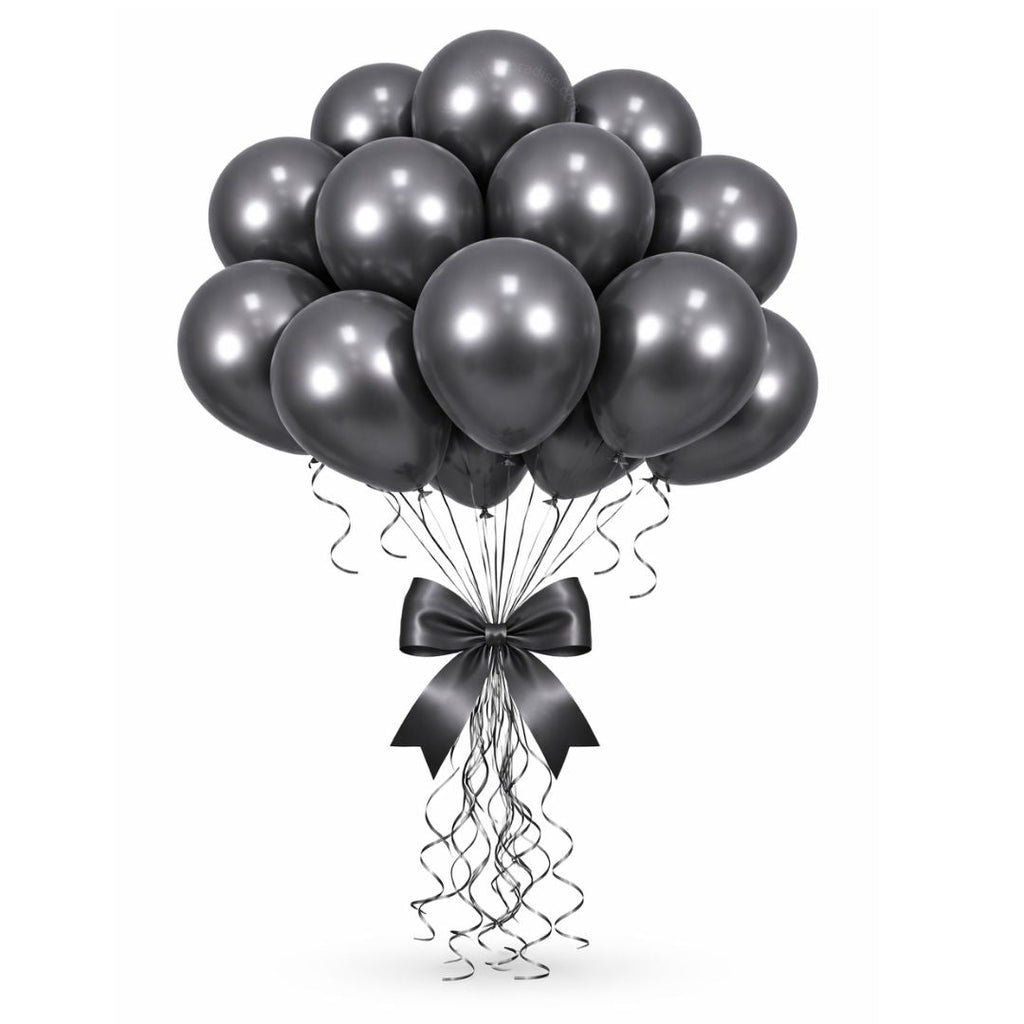 Party Paradise Store bunch of metallic black chrome latex balloons tied with a matching black ribbon bow