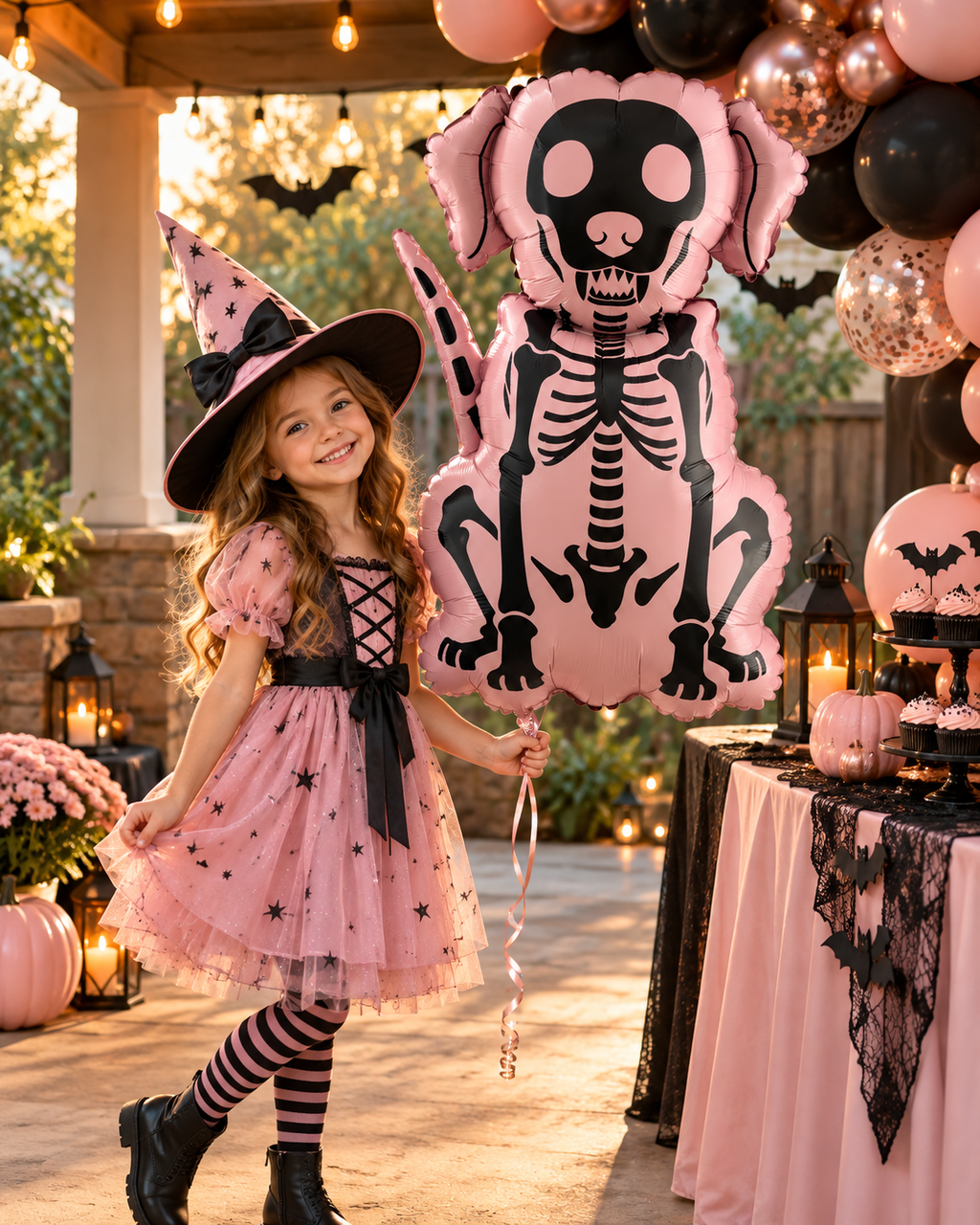 Party Paradise Store dog skeleton inflatable balloon held by a girl in a pink witch costume at a Halloween party.