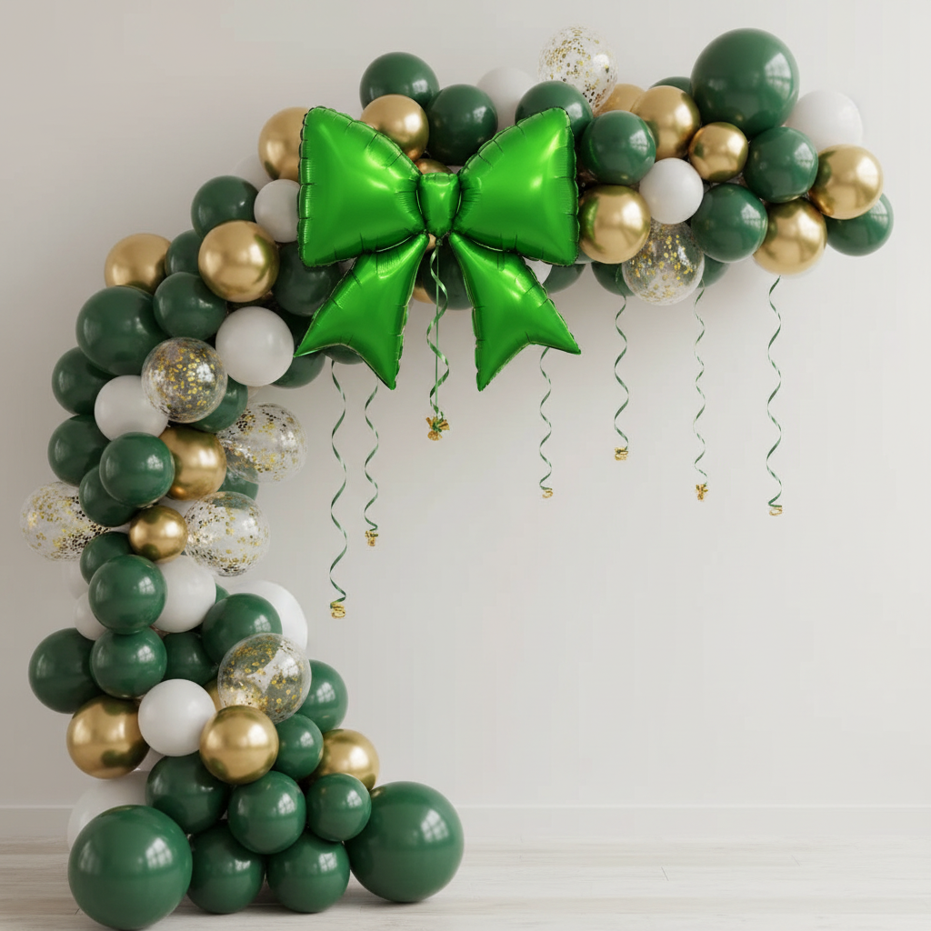 Party Paradise Store green bow balloon arch with gold and white accents for Christmas holiday party decorations
