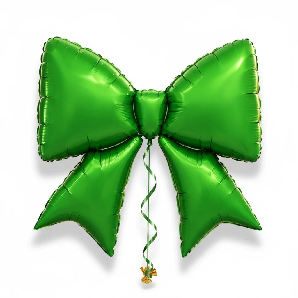 Party Paradise Store green bow-shaped foil balloon for Christmas holiday parties and festive photoshoots