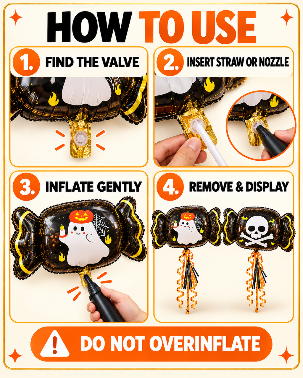 Party Paradise Store Halloween candy balloon inflation instructions showing valve, straw, and pump usage steps.