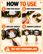 Party Paradise Store Halloween candy balloon inflation instructions showing valve, straw, and pump usage steps.