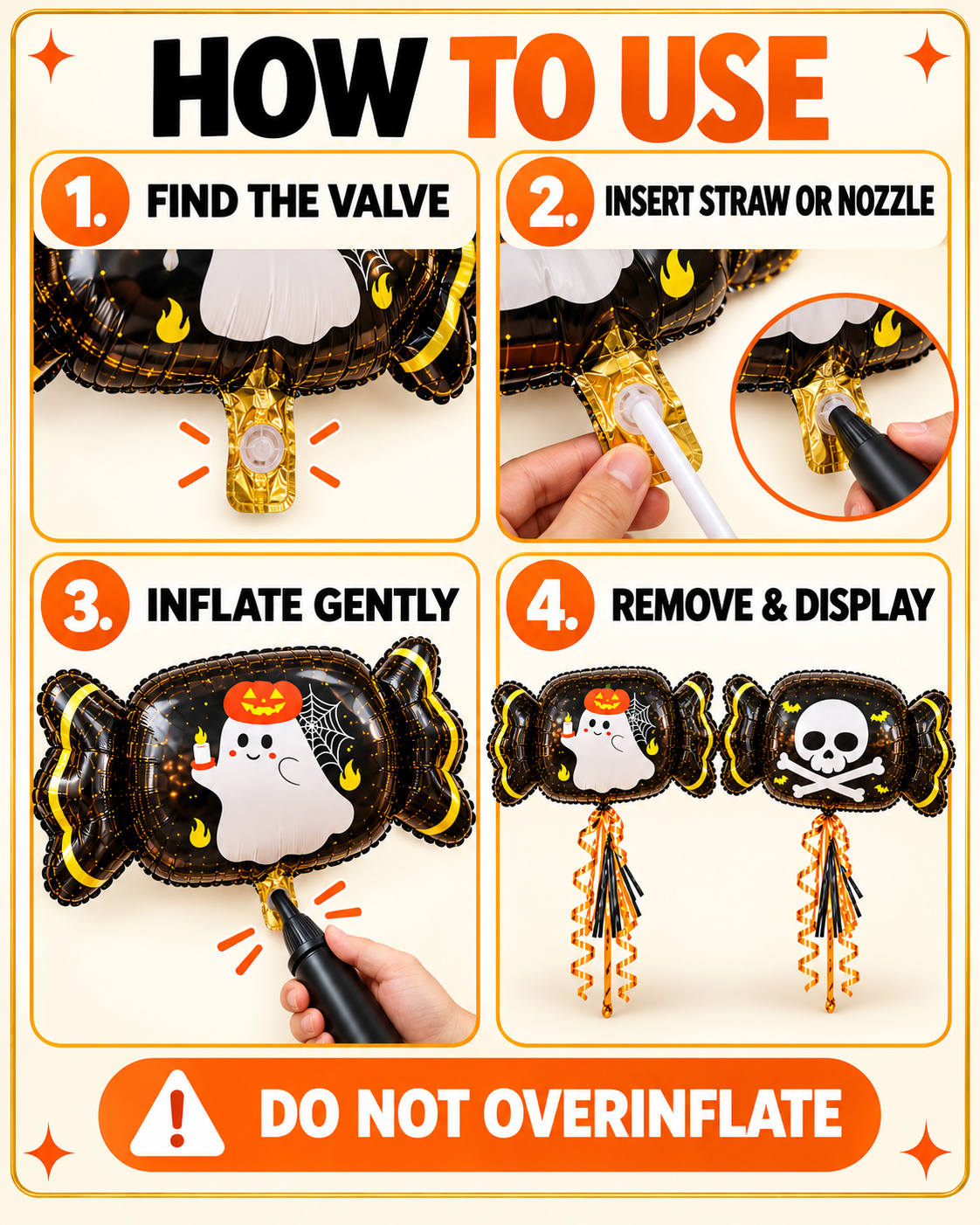 Party Paradise Store Halloween candy balloon inflation instructions showing valve, straw, and pump usage steps.