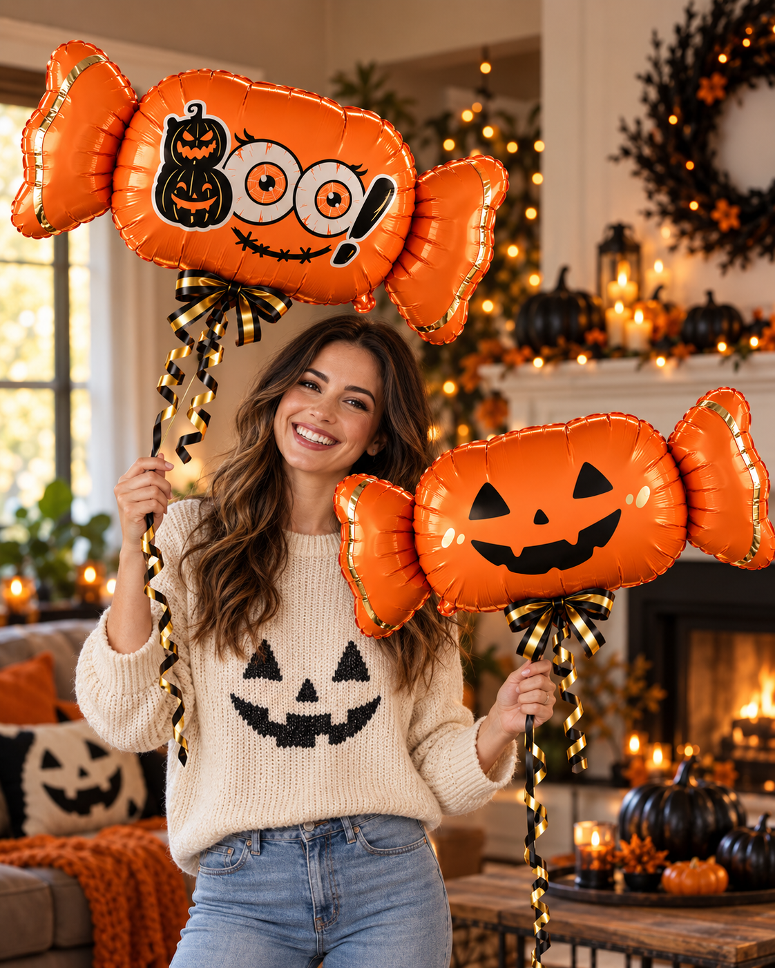 Party Paradise Store woman holding two orange Halloween candy balloons with Boo and jack-o-lantern faces in a home Main image