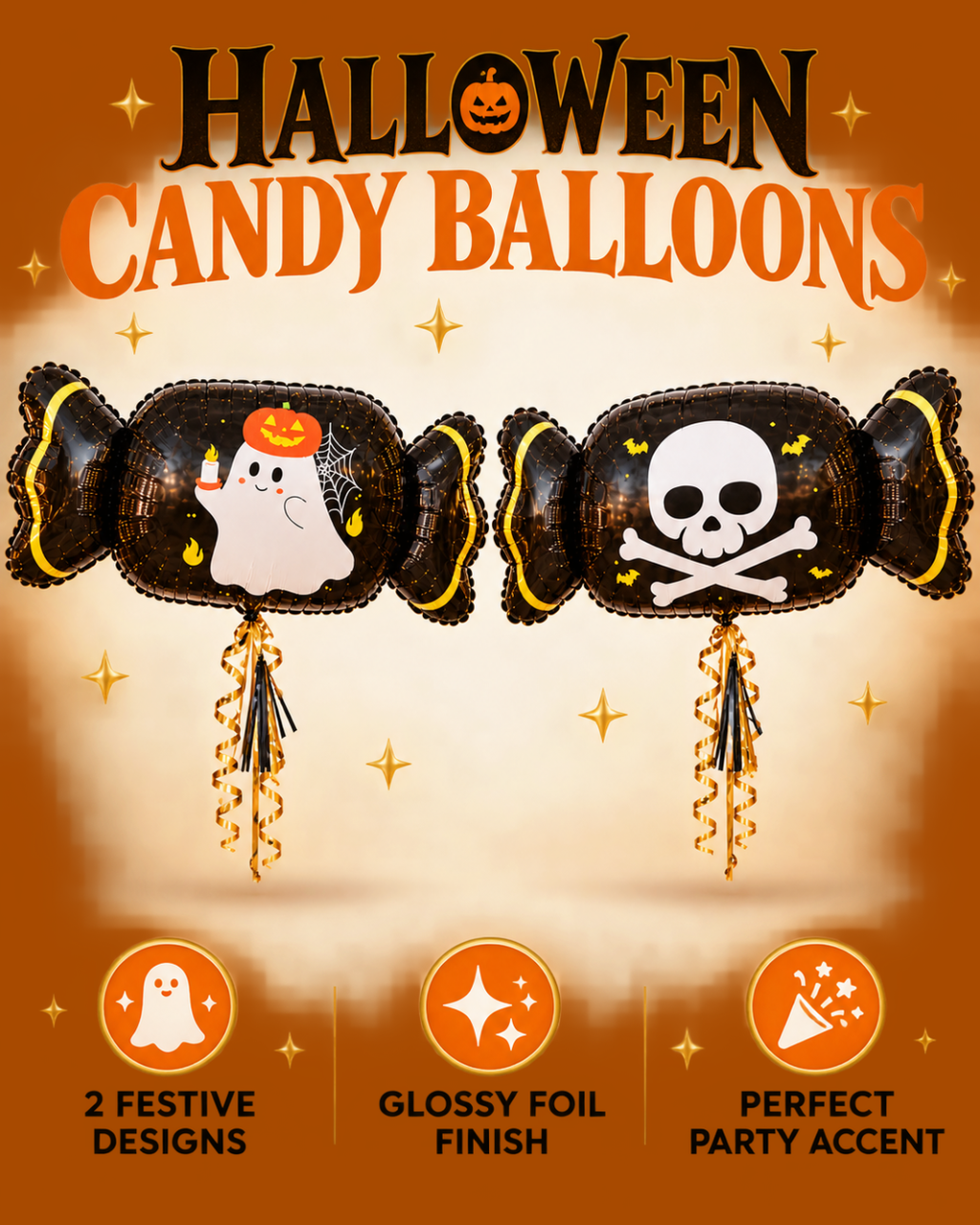 Party Paradise Store Halloween candy-shaped foil balloons featuring ghost and skull designs in glossy black