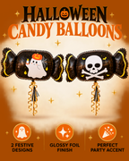 Party Paradise Store Halloween candy-shaped foil balloons featuring ghost and skull designs in glossy black