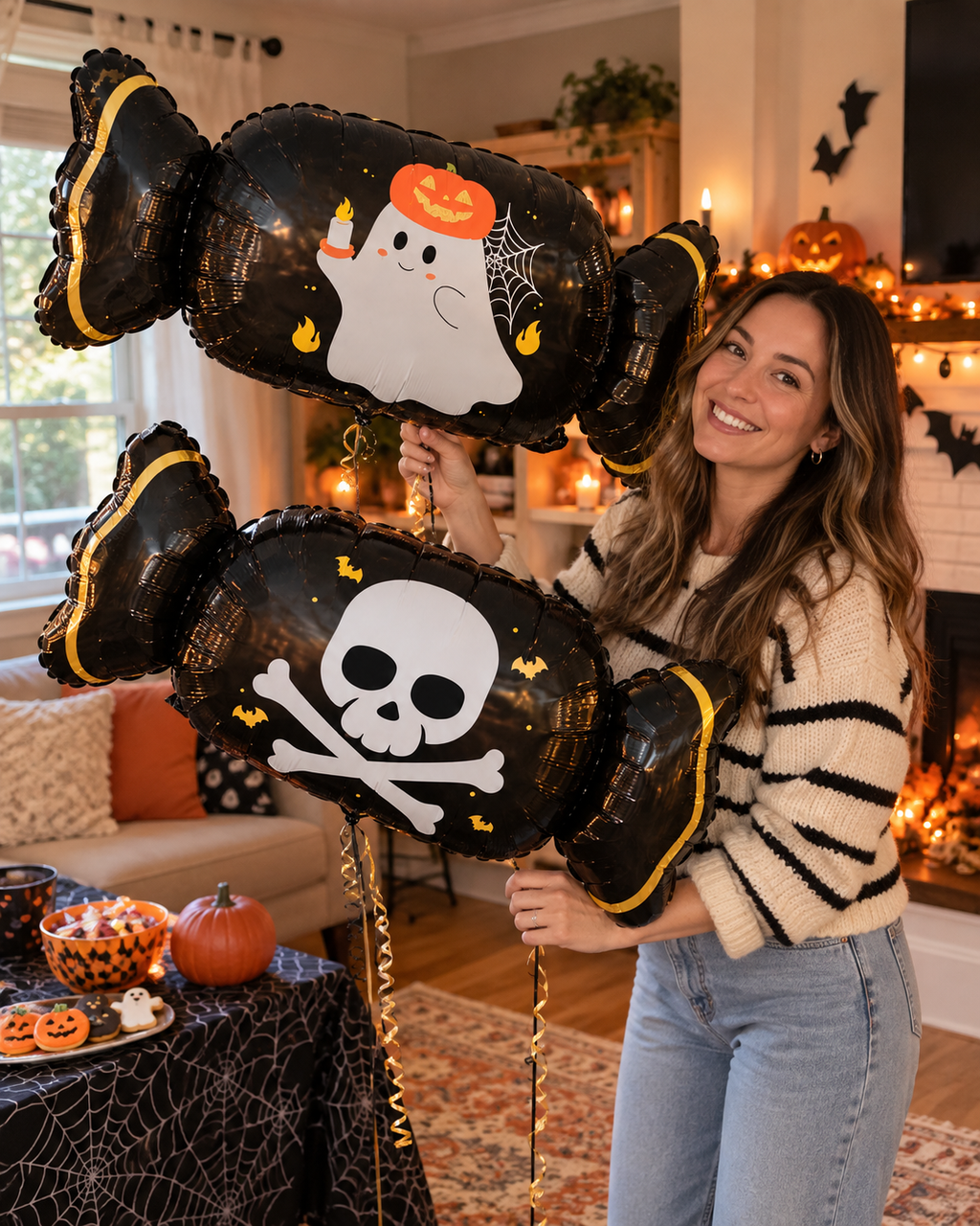 Party Paradise Store woman holding two black candy-shaped Halloween balloons featuring ghost and skull designs.
