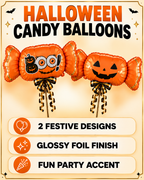 Party Paradise Store orange Halloween candy foil balloons with Boo and jack-o-lantern faces on sticks