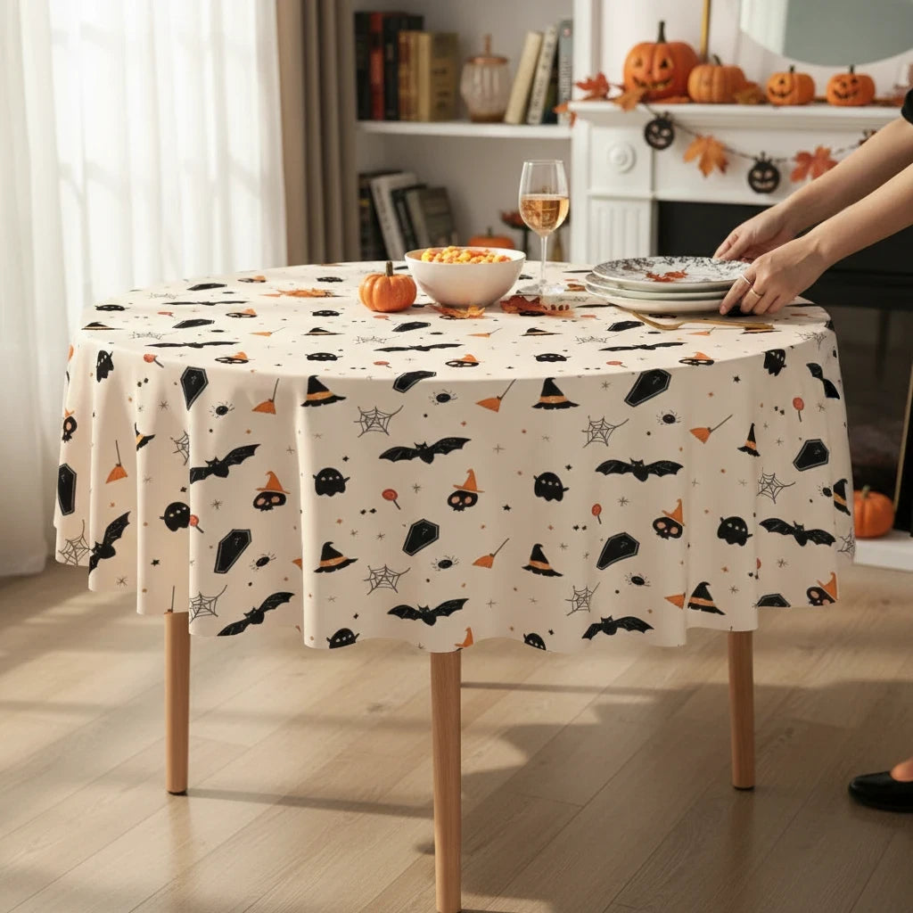 Party Paradise Store round Halloween table cover with cute bat, ghost, and witch hat patterns on a cream background