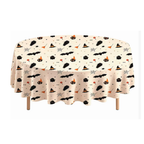 Party Paradise Store round Halloween table cover featuring a cream background with black bats, ghosts, and witch hats.