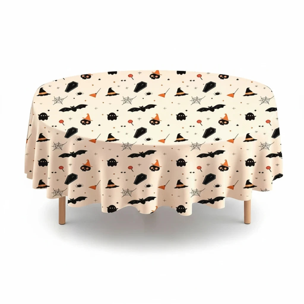 Party Paradise Store round Halloween table cover with a cream background and black and orange spooky icons