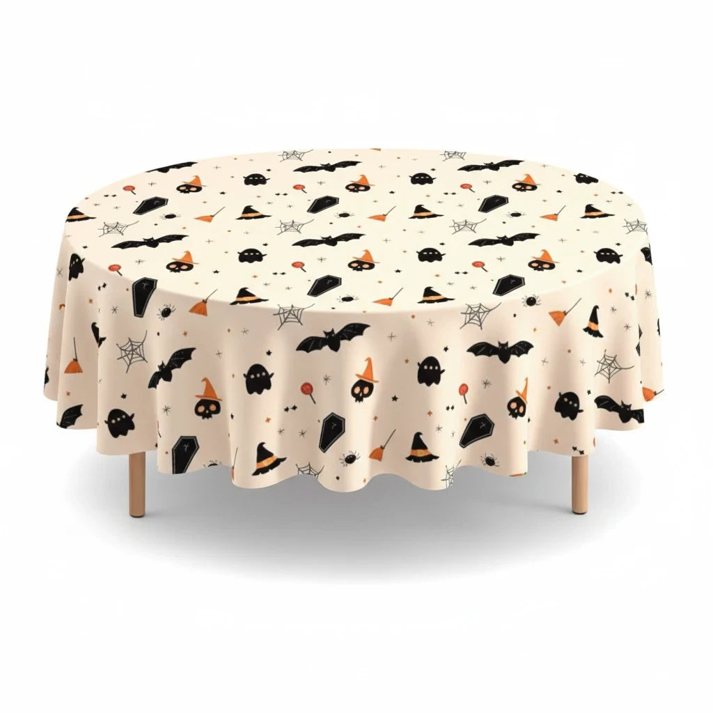 Party Paradise Store round Halloween table cover with a cream background and black bats, ghosts, and witch hats.