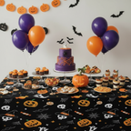 Party Paradise Store round Halloween tablecloth with jack-o'-lantern, ghost, and skull print on a black background.