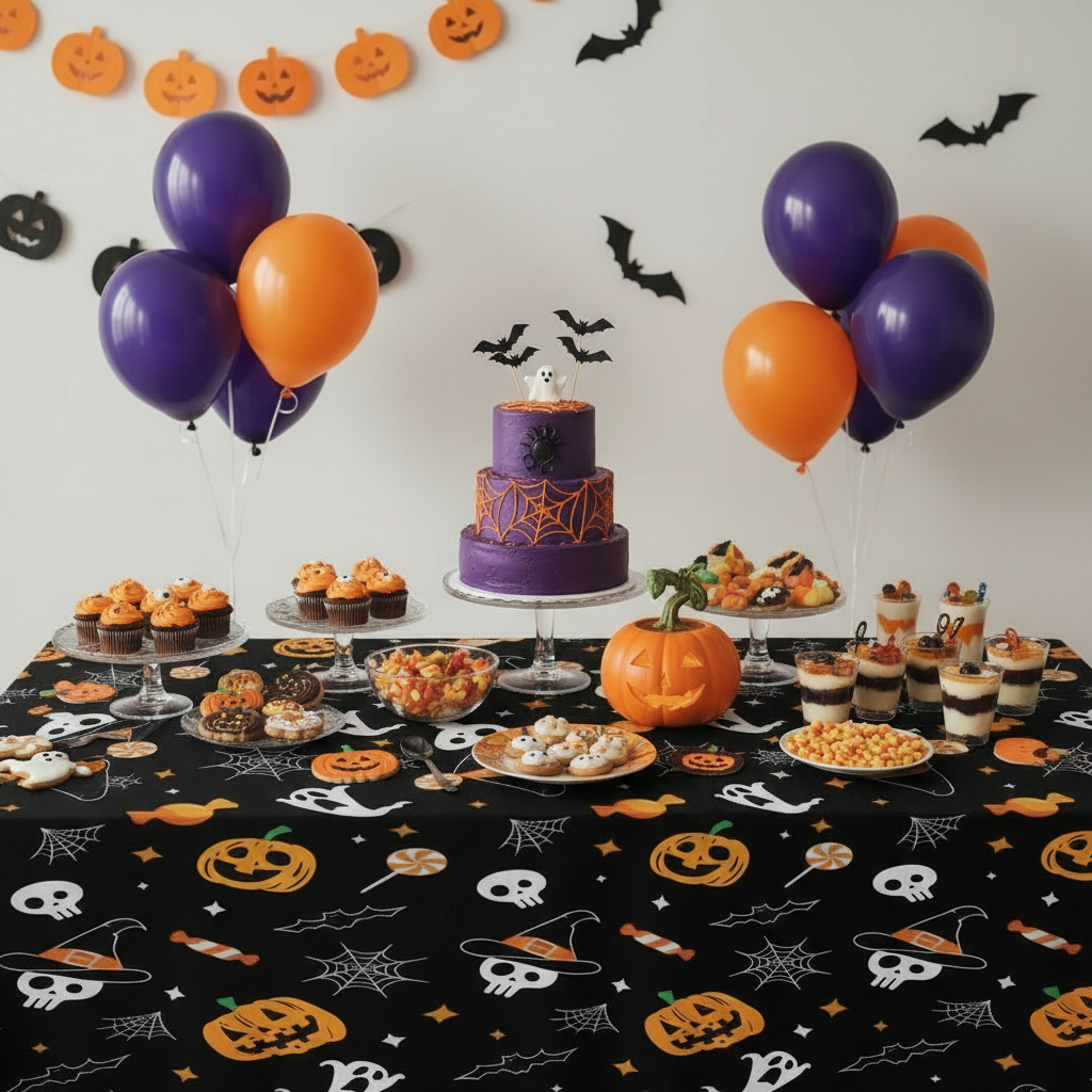 Party Paradise Store round Halloween tablecloth with jack-o'-lantern, ghost, and skull print on a black background.