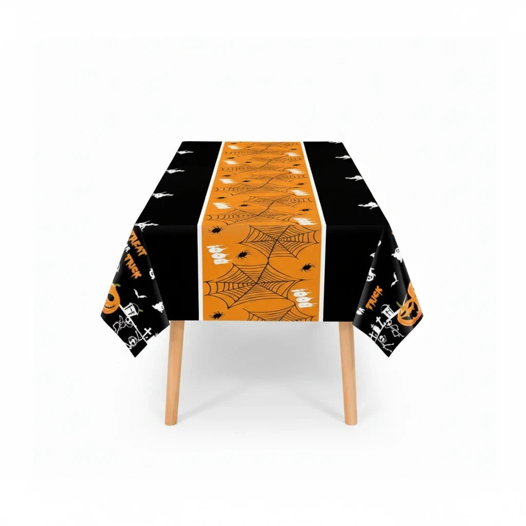 Party Paradise Store rectangular Halloween table cover with orange spiderweb center and black sides featuring ghosts